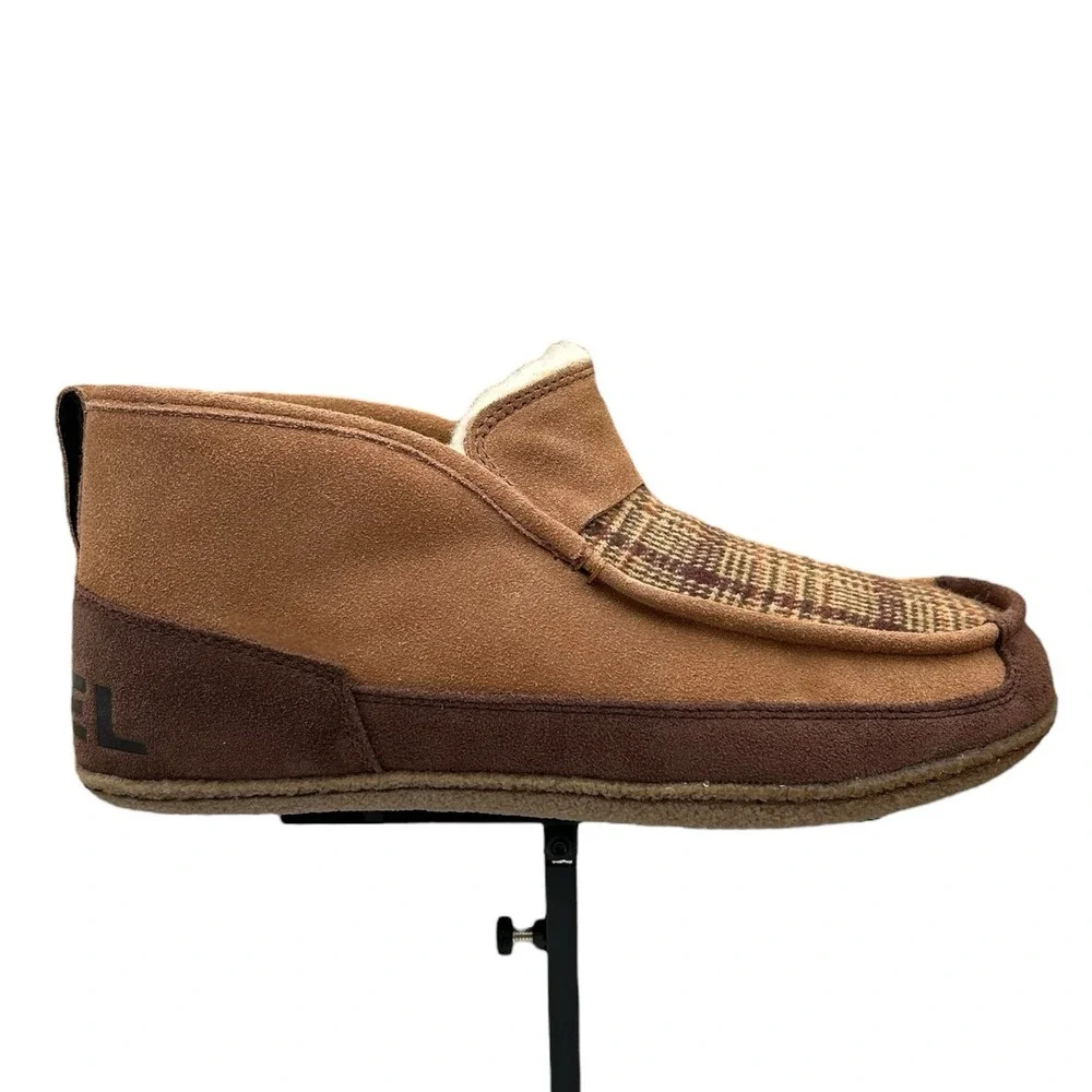 SOREL Mens Manawan Suede Slippers Size 8 Brown Plaid Faux Fur Indoors & Outdoors